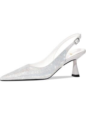 Women's White Kitten Heels Slingback Low Heel Dress Shoes Closed Toe Rhinestone